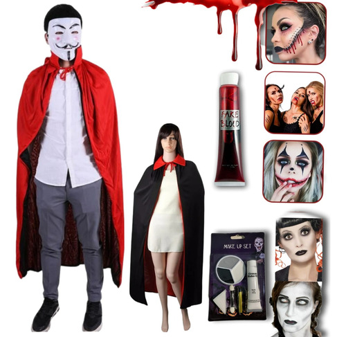 Kit Capa Drácula Vampiro Bruxa Adulto Maquiagem + Sangue